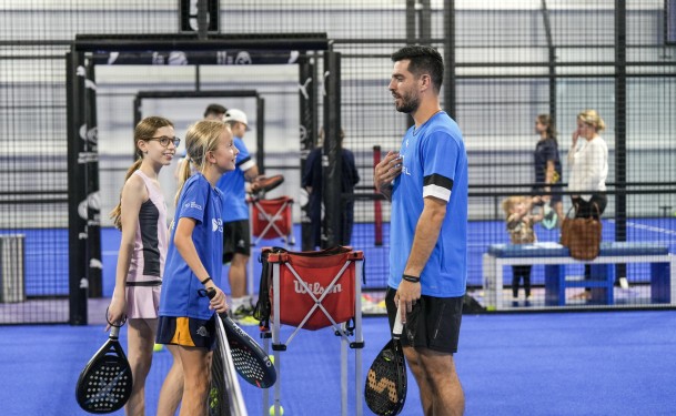 Head Padel Coach Jordi Casanova taking a special padel group class for young kids at ISD Padel in Dubai Sports City