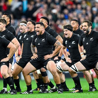 The New Zealand Rugby team performing the Haka before a professional Rugby match