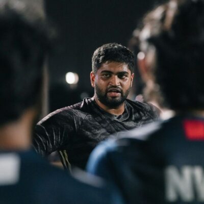 A mentor of a corporate football team dishing out strategy during the half time of a match in the Dubai Corporate Football League held at ISD Dubai Sports City in Dubai Sports City