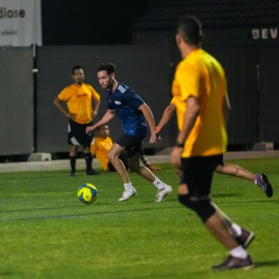 A moment during during a match in the Dubai Corporate Football League between Transmed and DHL organized by ISD Football at ISD Dubai Sports City