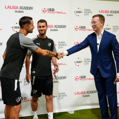 Luca Antonini, former AC Milan player and coach at LaLiga Academy Dubai with Daniels Petrovs, CEO of ISD Dubai Sports City at the opening ceremony of Dubai's only full-sized indoor pitch