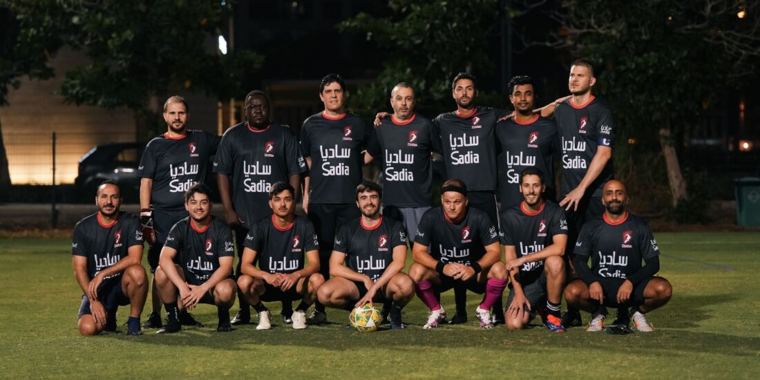 The corporate football team of Sadia posing for a team picture before their match in the Dubai Corporate Football League